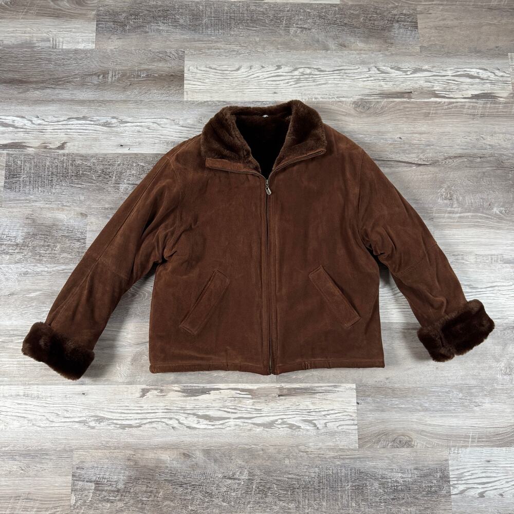 Vintage 90s Talbots Brown Suede Leather Jacket Faux Fur Lined Large Zip Coat